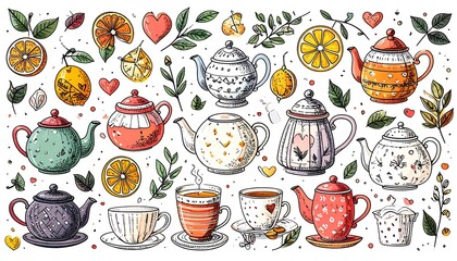 Colorful Hand-Drawn Teapot and Teacup Collection with Citrus Fruits