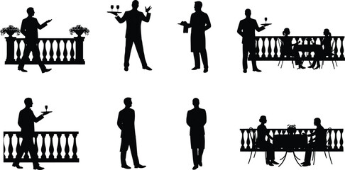 Restaurant staff and diners silhouette, waiter service scene, dining interaction, hospitality moment, balcony setting, food service illustration, elegant atmosphere