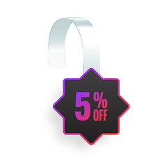 Supermarket promotional wobblers. Realistic white wobbler template for shelf advertising, 5 percent off discount. Sale label with ad text. Special offer price tag. Vector illustration