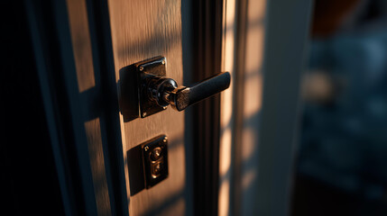 A carpenter installs a door lock hyper realistic lock components with clear details moody shadows on the door bright saturation in carpentry tools door lock installation