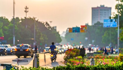 Fototapeta premium A blurred street scene bathed in golden light, featuring traffic, buildings, trees and cyclists in motion