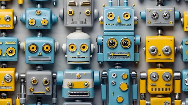 Seamless wallpaper design with adorable cartoon robots in pastel blue, yellow, and gray tones, futuristic yet playful style, minimal geometric background,Generative Ai
