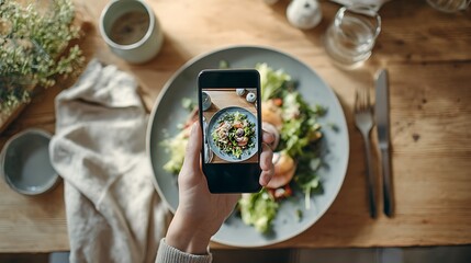 Hands holding smartphone photographing salad plate with bread and drinks nearby. Bright daylight, healthy eating and lifestyle concept