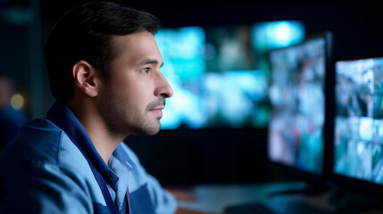 A security worker monitors a video surveillance system hyper realistic camera feeds with clear details moody shadows on the screen bright saturation in security visuals video