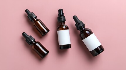 Brown glass dropper bottles with white labels on pastel pink background representing skincare cosmetic essential oils concept