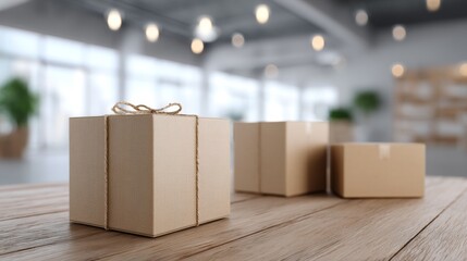 Cardboard packaging boxes on wooden table in bright interior representing delivery storage and logistics business concept