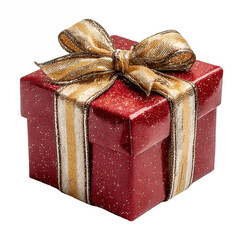Wrapped Christmas gift box with shiny red paper and golden ribbon isolated on transparent background for festive holiday design