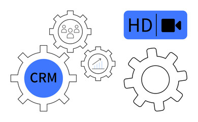 Gears labeled CRM, analytics, and video integration highlight process synergy, team collaboration, and growth. Ideal for marketing, business strategy, customer support, technology workflow