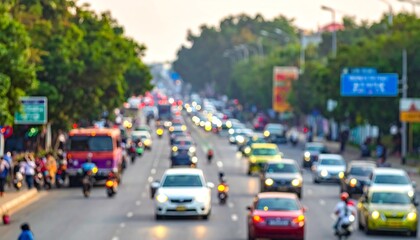 A blurred street scene showcasing dense traffic. Vehicles of various types are interspersed with trees, suggesting a busy urban environment