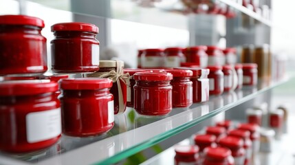 Supermarket shelf with rows of red jars representing retail food distribution commerce and grocery industry concept
