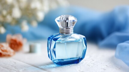 Luxury blue glass perfume bottle on soft fabric background representing fragrance beauty wellness and fashion product concept