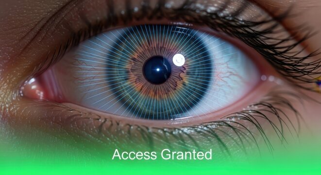Iris scan authentication system, futuristic eye biometric scanner granting security access