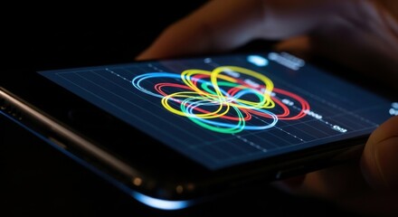 Smartphone screen displaying data visualization featuring colorful interconnected loops and
