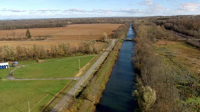 Aerial view of the erie canal in upstate new york on a sunny day