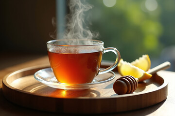 Steaming, hot dark tea in a clear glass cup and saucer, with a wooden honey dipper and lemon slices on a polished wooden tray by a sunlit window.