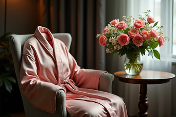 A pink satin or silk bathrobe draped over a light gray armchair next to a round table holding a glass vase of fresh, vibrant pink roses.