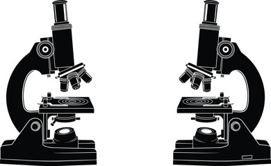 Two microscopes black silhouettes for scientific research and medical use, isolated vector illustration for laboratory and science graphics