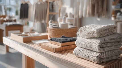 Folded clothes and towels on wooden table in store representing retail lifestyle fashion and consumer concept