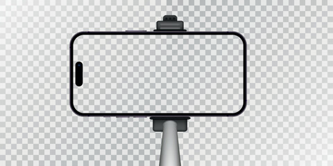 Hand holding a selfie stick with mobile phone isolated on transparent background.