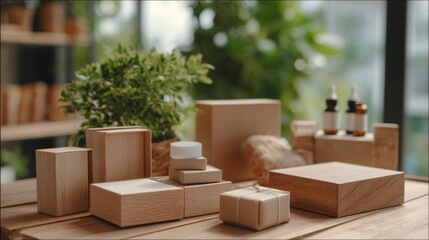 Cardboard boxes with cosmetic bottles on wooden table representing packaging delivery logistics wellness and lifestyle concept