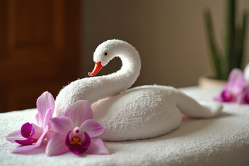 A white towel swan decoration with a red beak, flanked by vibrant purple and pink orchid flowers on a massage or spa bed.