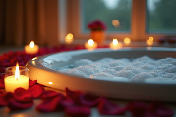 A bubbly hot tub or jacuzzi surrounded by scattered red rose petals and many lit candles in a dark, romantic room with a window view.