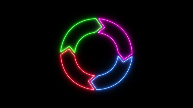Circle diagram infographic icon spinning around animation. Rotation of cycle with 4 parts icon. neon Four arrows scheme. Lifecycle circulation icon with 4 arrows. Circle animation with four parts.