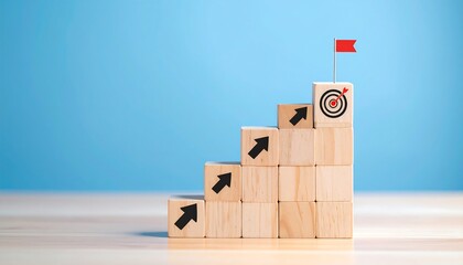 Wooden blocks forming a staircase, signifying progress towards a target