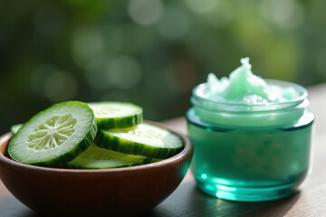 Slices of fresh cucumber in a small wooden bowl next to an open jar of refreshing green cucumber gel or cream on a wooden surface.