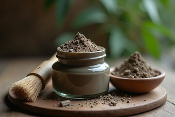 A jar of clay face mask base with a small mound of brown powder on top, next to a small wooden brush and a bowl of extra powder.