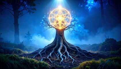 Magical Tree with Glowing Orb in Enchanting Forest Scene