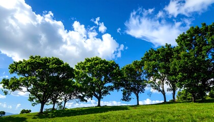 Obraz premium Lush green trees on a hill under a partly cloudy blue sky