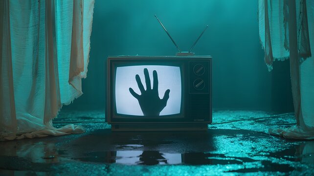 A haunting scene with a vintage TV displaying a ghostly hand, surrounded by dim lighting and eerie curtains. - Powered by Adobe