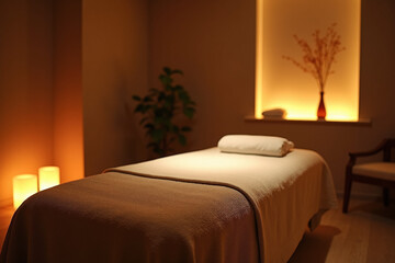 A warmly lit massage bed in a dimly lit, tranquil spa room, featuring a towel, pillow, and minimalist decoration.