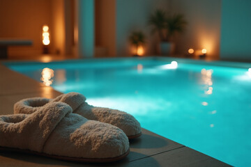 A pair of fluffy white spa slippers resting on the edge of a luxurious indoor swimming pool glowing with blue-green water at night.