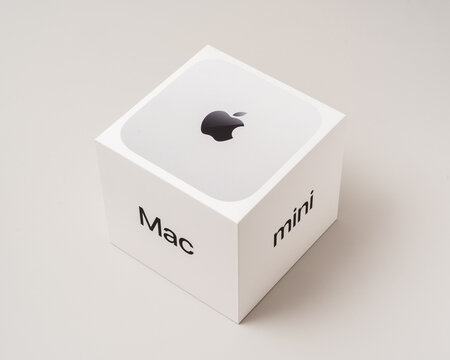 Apple Mac Mini M4 workstation box, photographed on a light gray background. Udine, Italy, September 25_2025