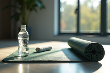 A yoga mat, rolled towel, and water bottle on a sunlit wooden floor in front of a window, ready for exercise or meditation.