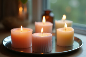 Five lit, short, pillar-style candles in warm shades of pink and cream, arranged on a round, polished silver tray near a window.