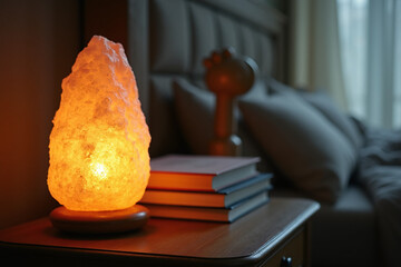 A glowing orange himalayan salt lamp on a bedside table next to a stack of books in a dimly lit bedroom setting.

