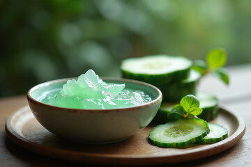 A bowl of refreshing light green aloe vera or cucumber gel with a scoop of product, next to fresh cucumber slices on a wooden serving tray outdoors.