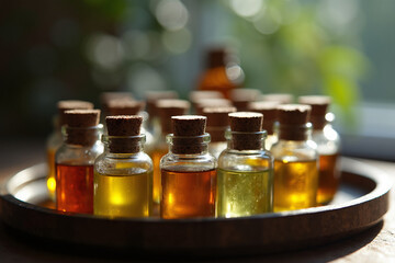 A collection of small glass bottles filled with colorful essential oils or tinctures, corked and arranged closely together on a round, dark wooden tray.