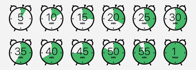 Set of circular progress indicators showing time intervals from 5 to 60 minutes in 5-minute increments, with yellow segments and black text. timer clocks with 5 minute increments from 5 to 1 hour