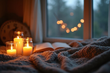 A cozy evening scene with an open book resting on a fuzzy gray blanket, illuminated by three jar candles and soft window lights.