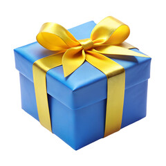 Fototapeta premium Blue gift box with yellow ribbon tied in a bow isolated on black present