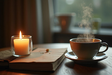 A cup of steaming hot tea on a saucer, next to an open book and a glowing candle in a low-light, cozy evening setting near a window.