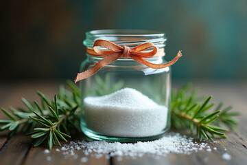 A small glass jar filled with white bath or scrub salt, tied with an orange ribbon, and surrounded by fresh green pine or rosemary sprigs on a rustic wooden surface.