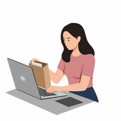 Flat Illustration Woman Opening Lunch Bag in Front of Laptop Computer