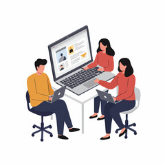 Flat Illustration Teamwork Collaboration Using a Large Laptop, Business Concept
