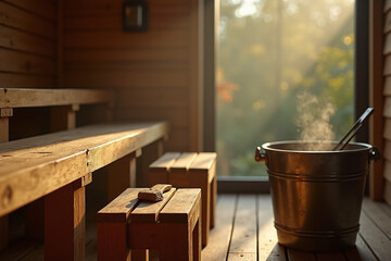 The interior of a sunlit wooden sauna, featuring benches, a small stool, and a brass bucket with steaming water, ready for use.