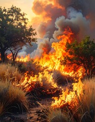 Fiery landscape ablaze at sunset